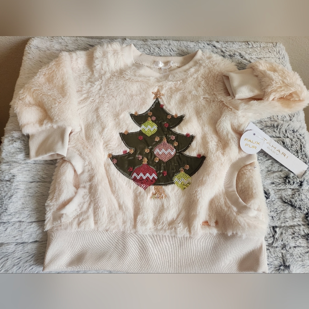 Tahari Baby Cozy Cream Faux Fur Sweater with Christmas Tree - 18M - NWT